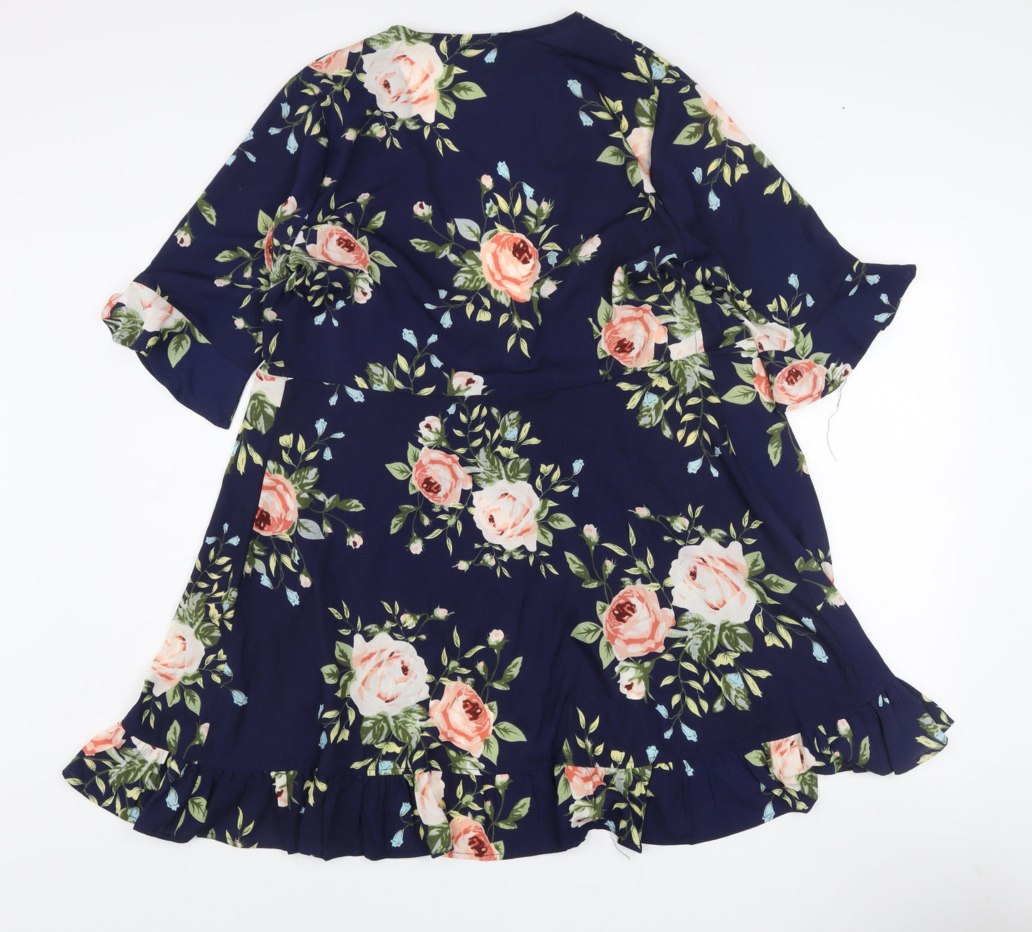 Boohoo Women’s Blue Floral Wrap Dress Size 16 3/4 Sleeve Ruffle Hem