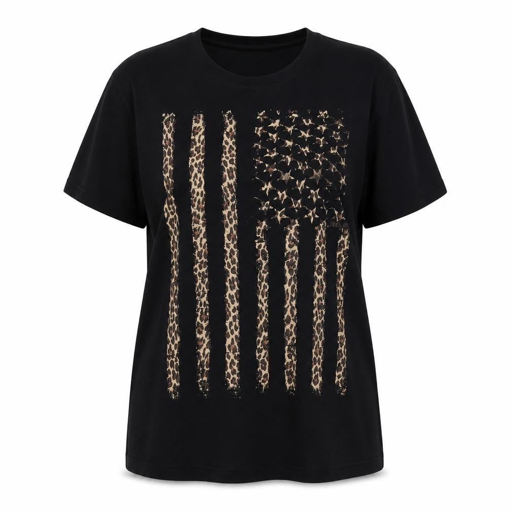 JEEL Womens Black Animal Print Flag T-Shirt 2XL