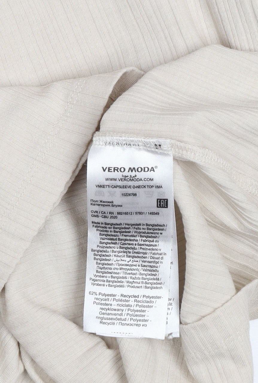 Vero Moda Women Beige XL Basic Cap Sleeve Crew Neck T-Shirt