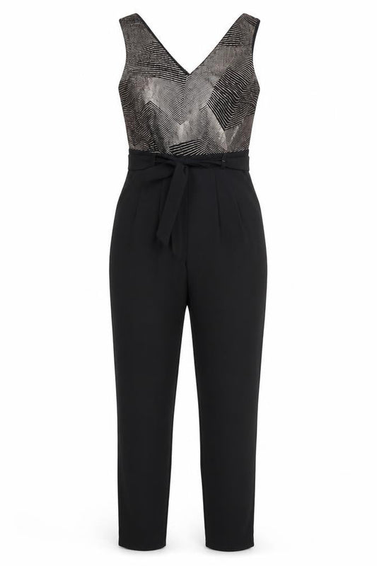 Front view of Dunnes Women’s Black & Metallic Jumpsuit, size UK 10, V-Neck Belted