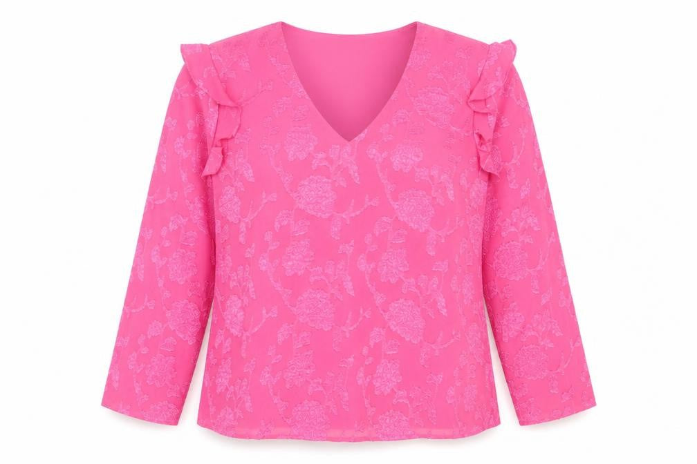 Dunnes Women’s Pink Floral Ruffle V-Neck Long Sleeve Blouse M