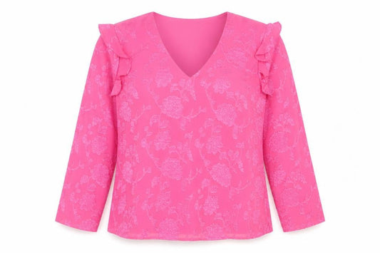 Front view of Dunnes Women’s Pink Floral Ruffle V-Neck Long Sleeve Blouse M