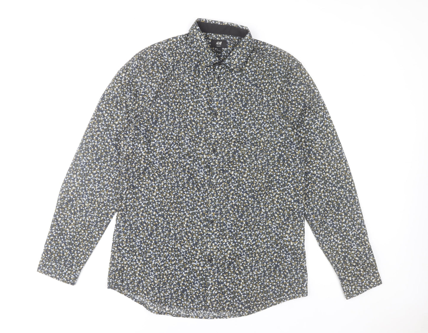 H&M Men's Blue Floral Slim Fit Long Sleeve Dress Shirt L