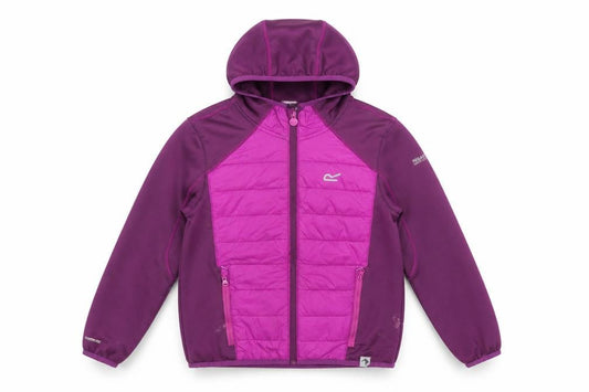 Front view of Regatta girls’ purple hooded softshell puffer jacket 9-10 years