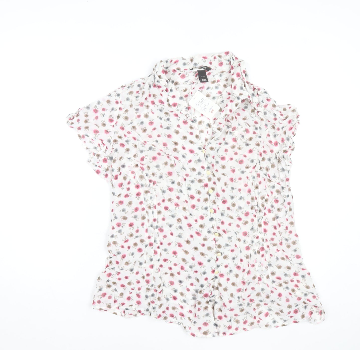 H&M Women’s White Floral Collared Short Sleeve Blouse Size 24