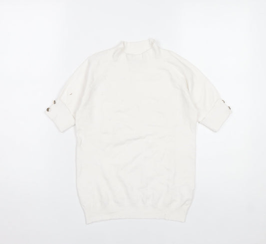 Passione Women White Mock Neck Knit Blouse L Short Sleeve