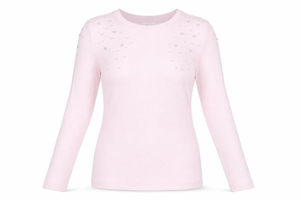 Savida Women's Pink Beaded Long Sleeve Knit Top XS