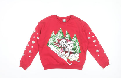 Front view of Disney Mickey & Friends girls’ red christmas sweatshirt 9-10 years pullover