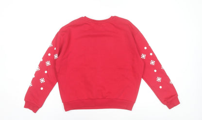 Close-up detail of Disney Mickey & Friends girls’ red christmas sweatshirt 9-10 years pullover