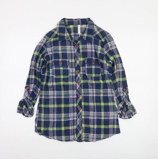 Marks and Spencer Women’s Blue Plaid Button-Up Shirt UK 8 Long Sleeve Cotton