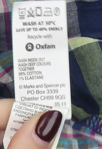 Marks and Spencer Women’s Blue Plaid Button-Up Shirt UK 8 Long Sleeve Cotton