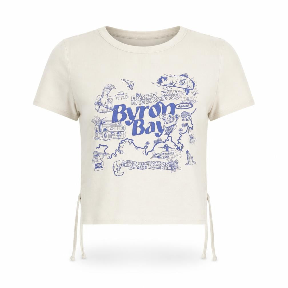 Bershka Women Beige Cropped T-Shirt M Byron Bay Graphic Tee