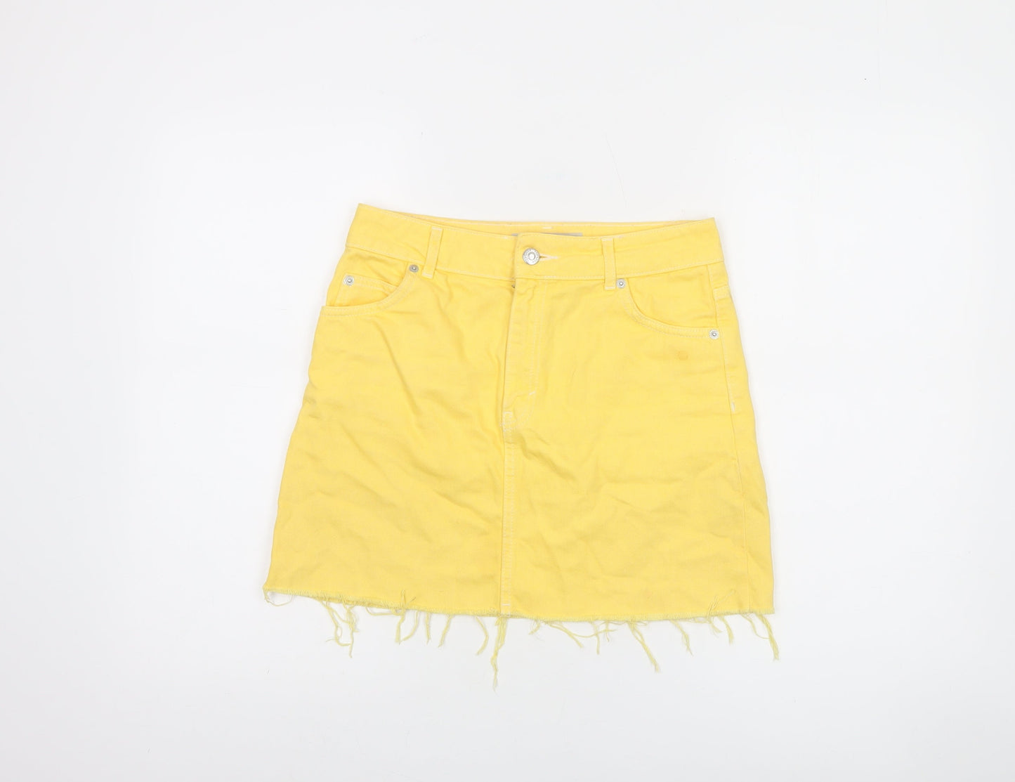 Topshop Women Yellow Denim Mini Skirt UK 8 Frayed Hem Casual