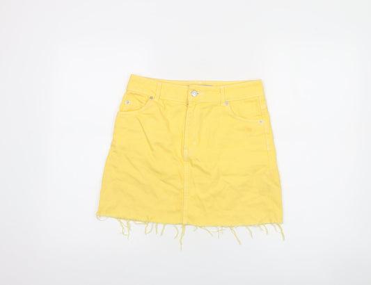 Topshop Women Yellow Denim Mini Skirt UK 8 Frayed Hem Casual