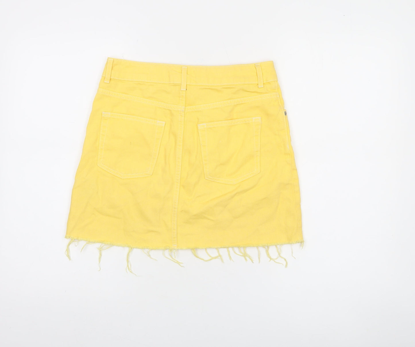 Topshop Women Yellow Denim Mini Skirt UK 8 Frayed Hem Casual