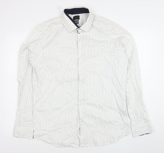 SELECTED HOMME Men's White Slim Fit Easy Iron Geometric Print Dress Shirt M
