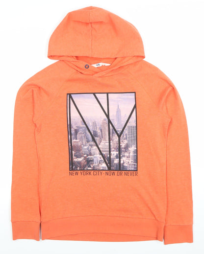 Preloved H&M Boys Orange Graphic Pullover Hoodie Size 12-14 Years Cotton Blend - Front