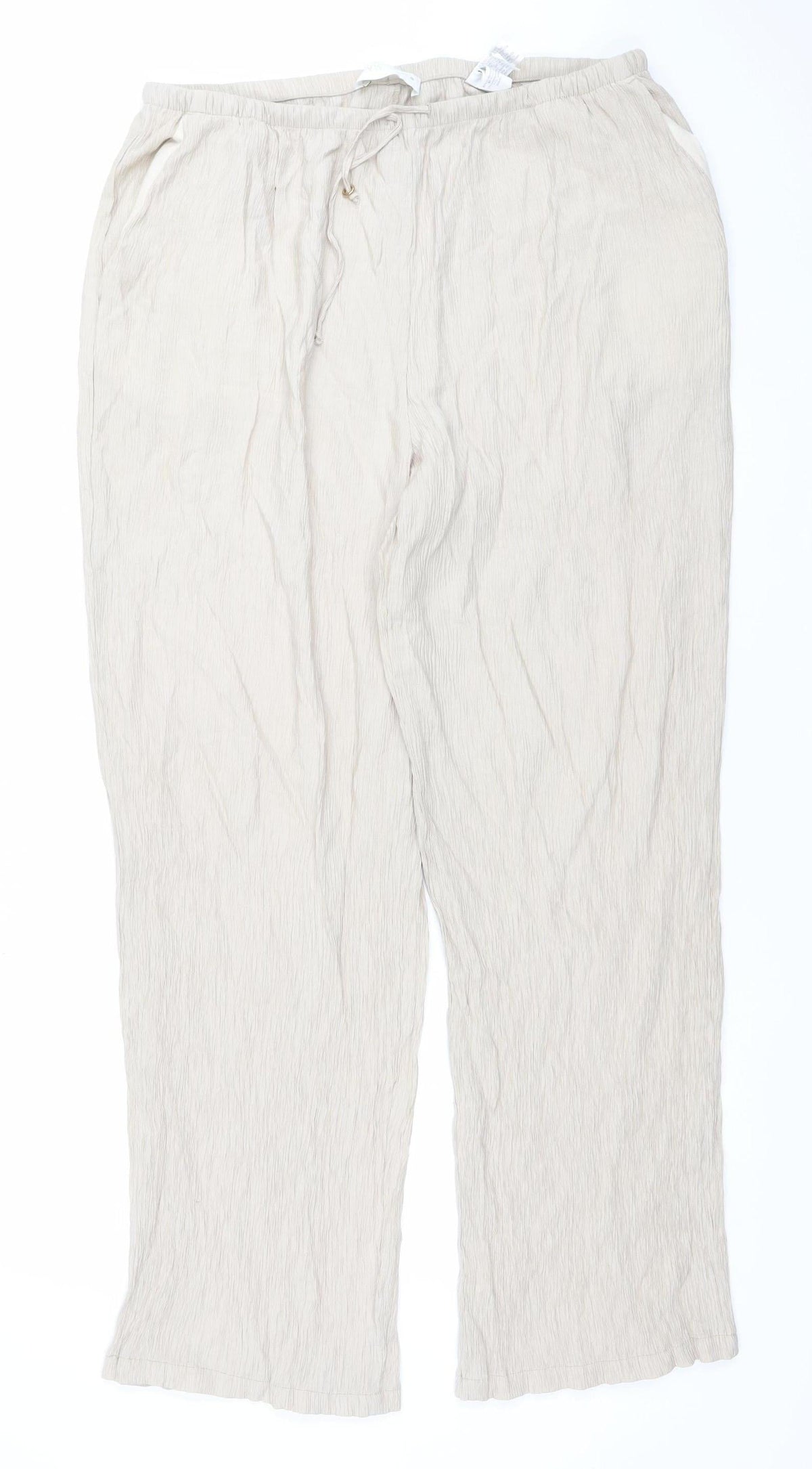 Zara Women Beige Wide-Leg Trousers XL Viscose Blend Drawstring Waist