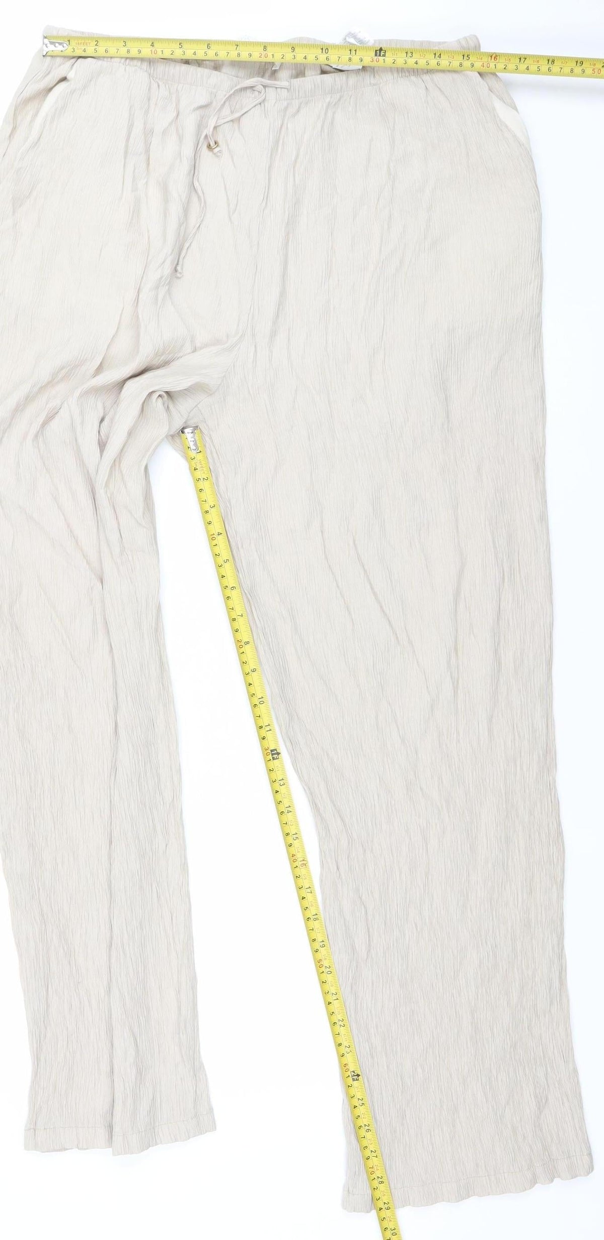 Zara Women Beige Wide-Leg Trousers XL Viscose Blend Drawstring Waist