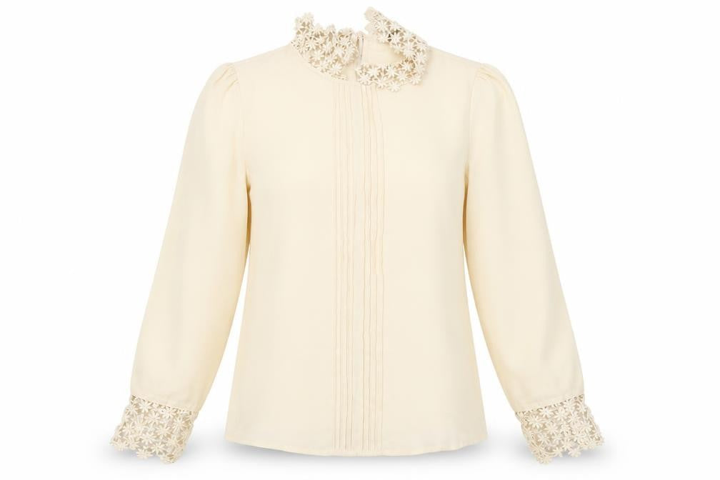 United Colors of Benetton Women Beige Lace Collared Long Sleeve Chiffon Blouse XS
