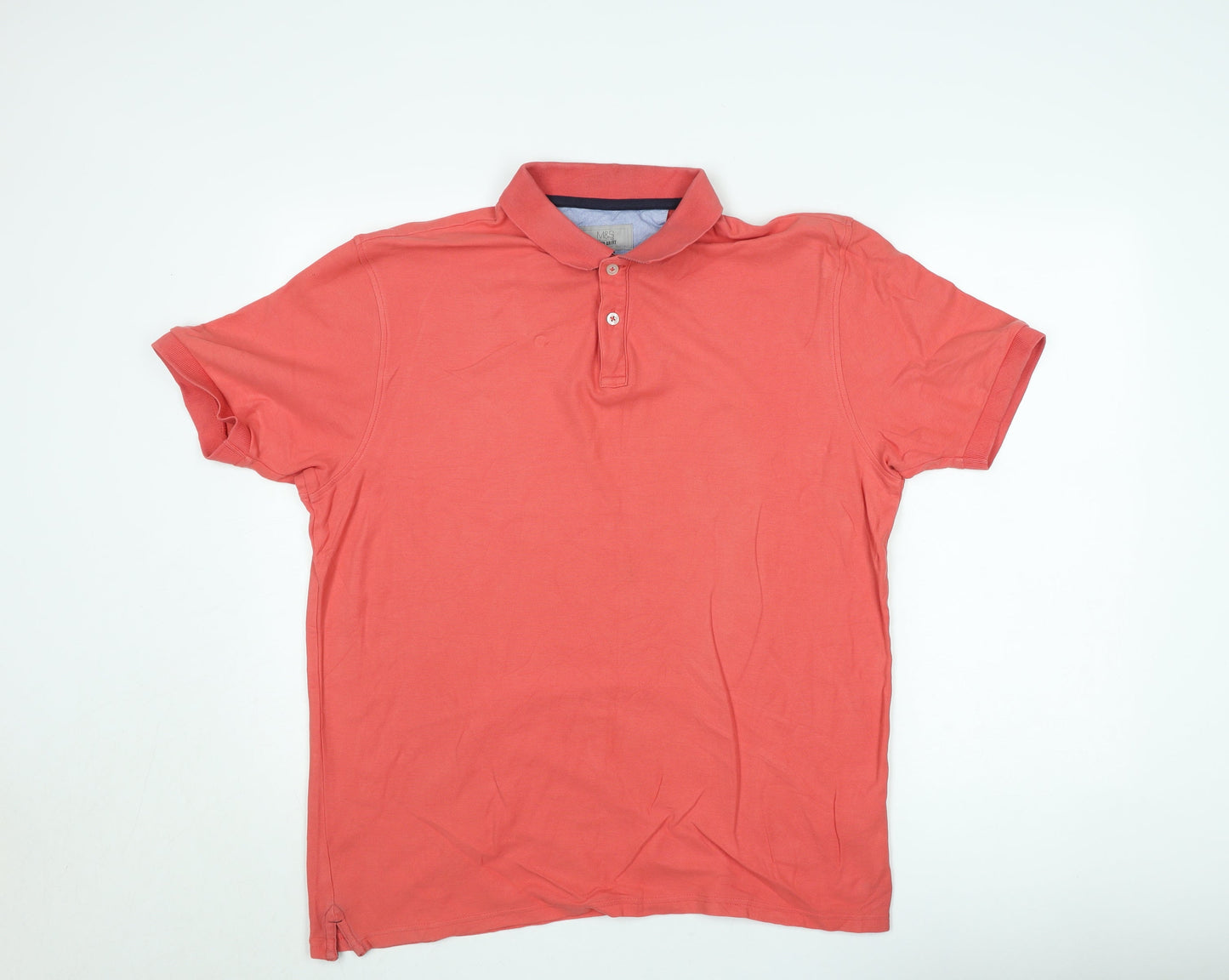 Marks and Spencer Men's Red Cotton Regular Fit Polo Shirt L