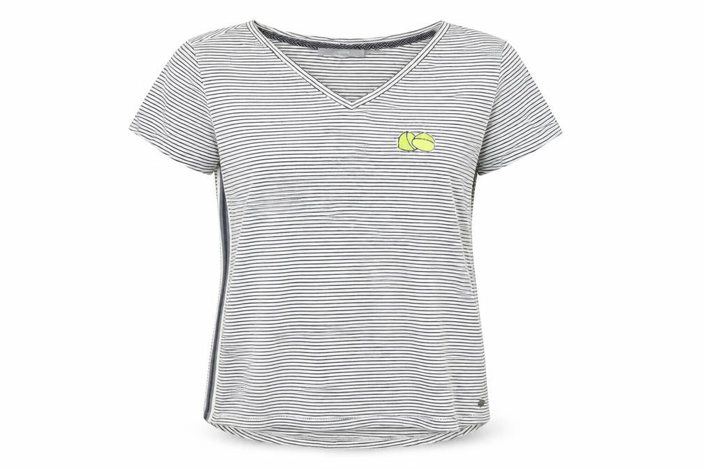 Front view of Cecil women’s white striped v-neck t-shirt, size L, casual cotton blend