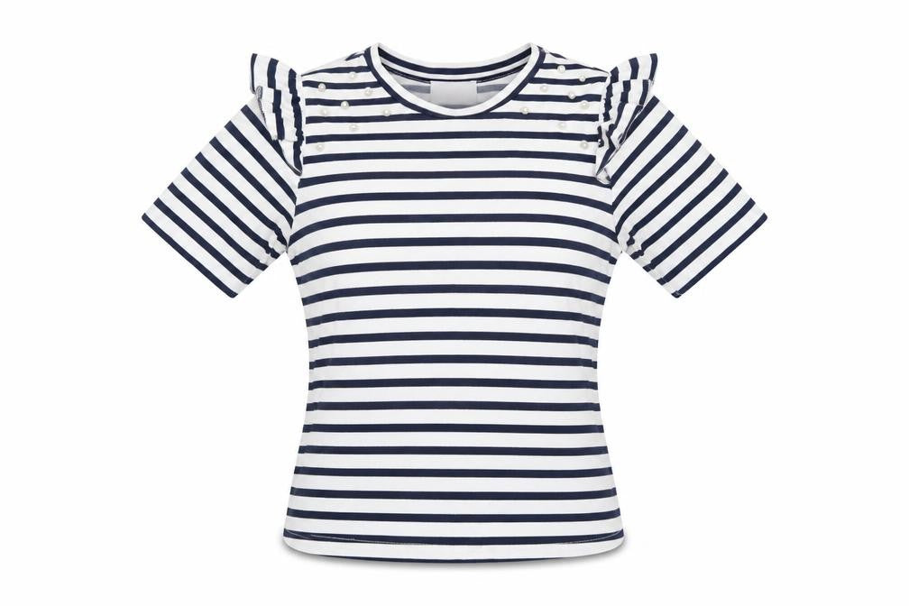 Savida Women's Navy Stripe Ruffle Pearl Detail T-Shirt Size 10