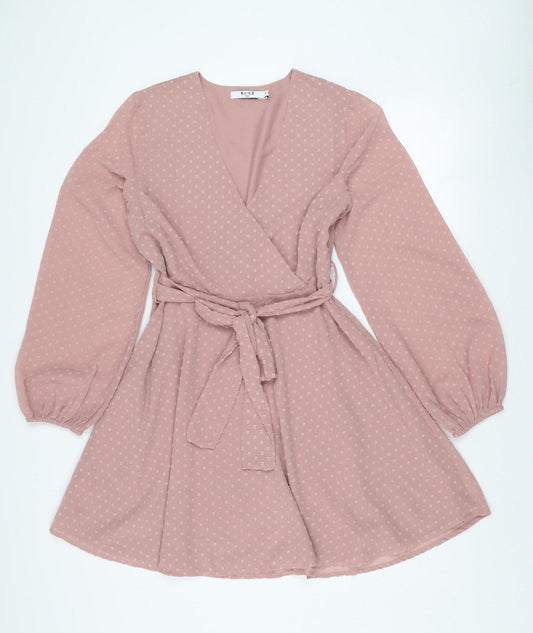 NA-KD Women’s Pink Wrap Dress Size 12 Long Sleeve Belted Polyester