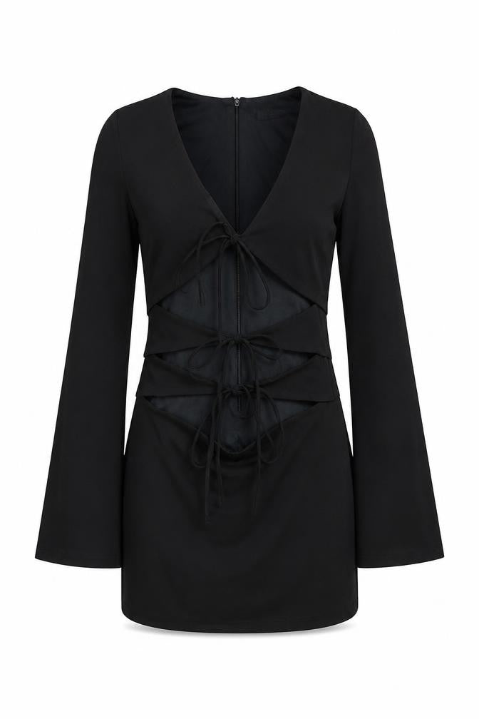 Zara Women Black Size 12 Bodycon Long Sleeve V-Neck Dress