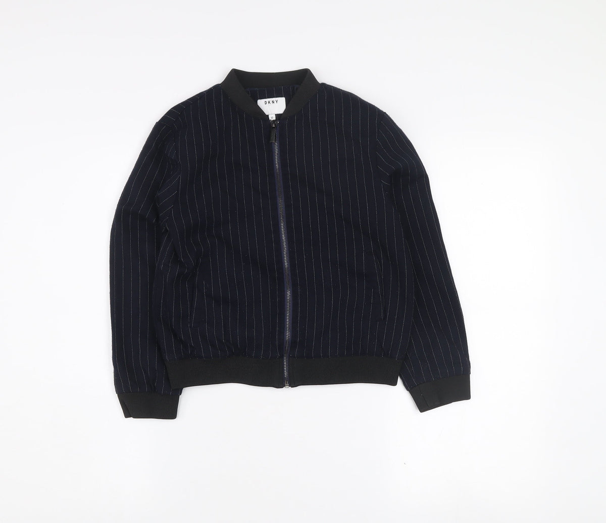 DKNY Girls Blue Pinstripe Bomber Jacket Size 10 Years Cotton Blend Zip Front