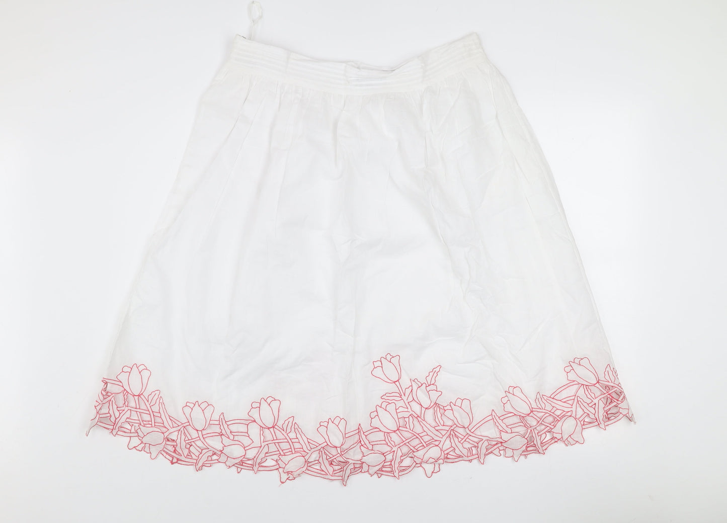 Chanelle Women's White Embroidered Cotton A-Line Knee Length Skirt Size 14