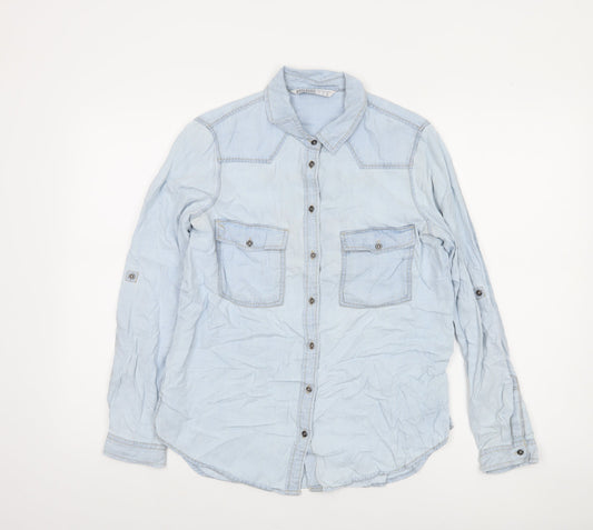 Zara Women Blue Lyocell Denim Embroidered Button-Up Shirt Size 8