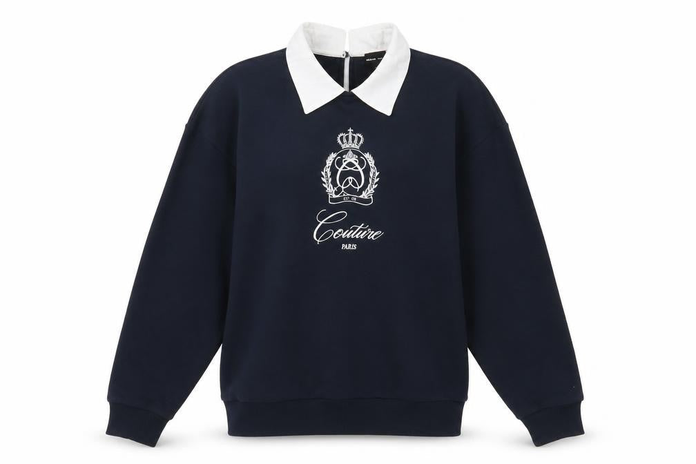 River Island Women’s Navy Collared Pullover Sweatshirt XS Embroidered Crest
