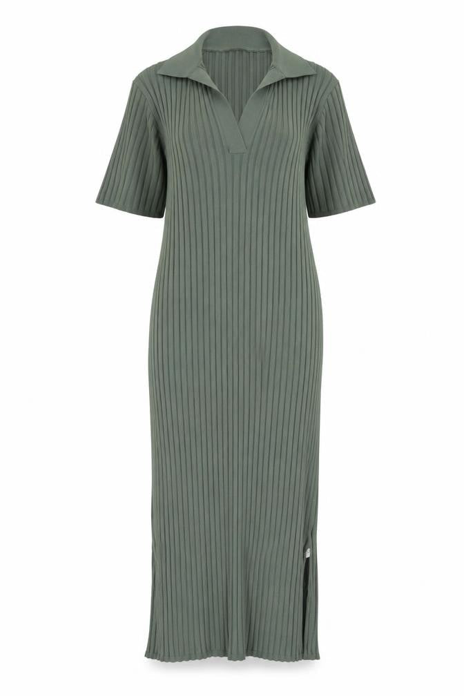 A Day’s March Women Green L Midi Collared Knit Shirt Dress