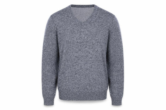 Front view of Maine New England men’s grey v-neck knit jumper, size M, classic style