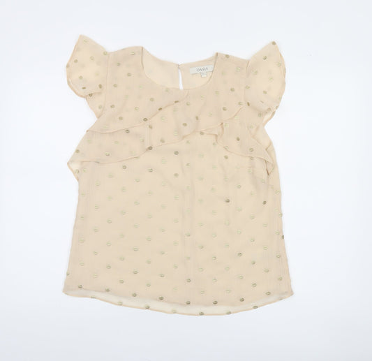 Oasis Women Beige Polka Dot Ruffle Chiffon Blouse Size 12