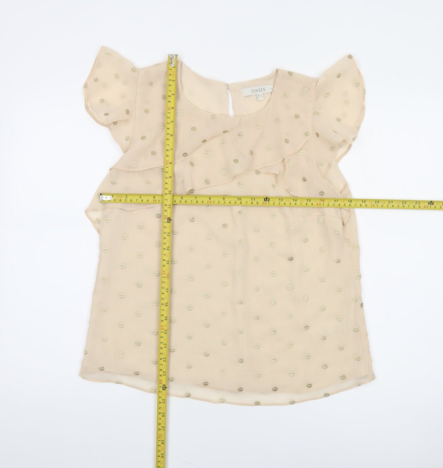 Oasis Women Beige Polka Dot Ruffle Chiffon Blouse Size 12