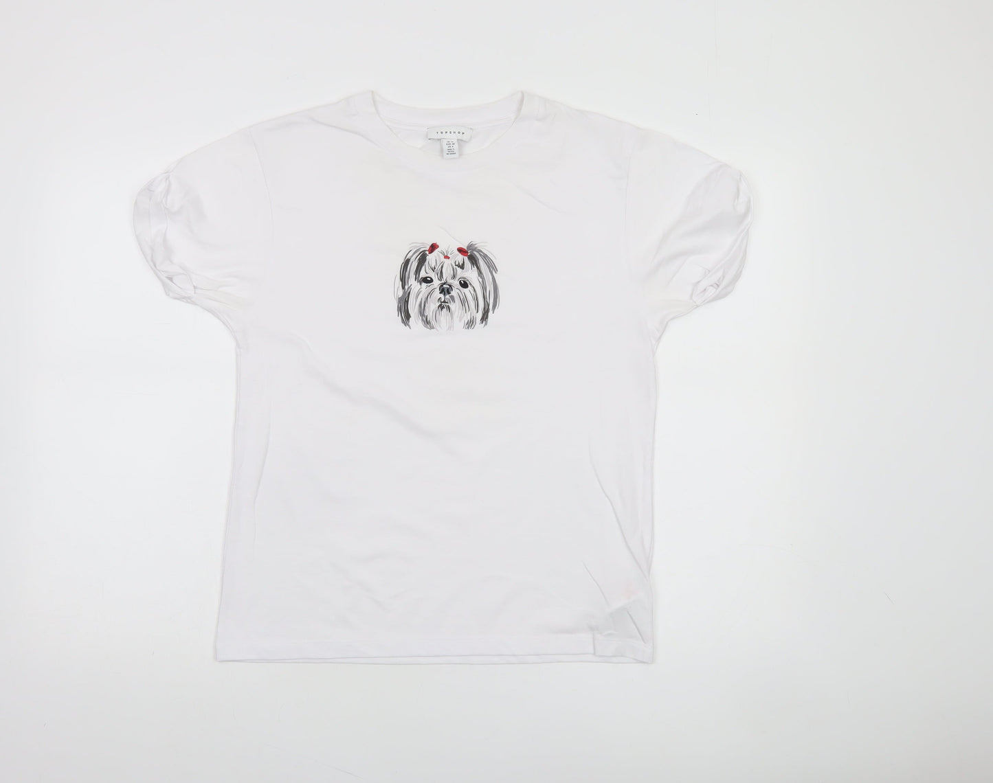 Topshop Women White Dog Print Cotton Blend Short Sleeve T-Shirt Size 10