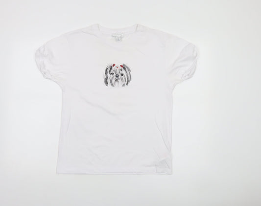 Topshop Women White Dog Print Cotton Blend Short Sleeve T-Shirt Size 10