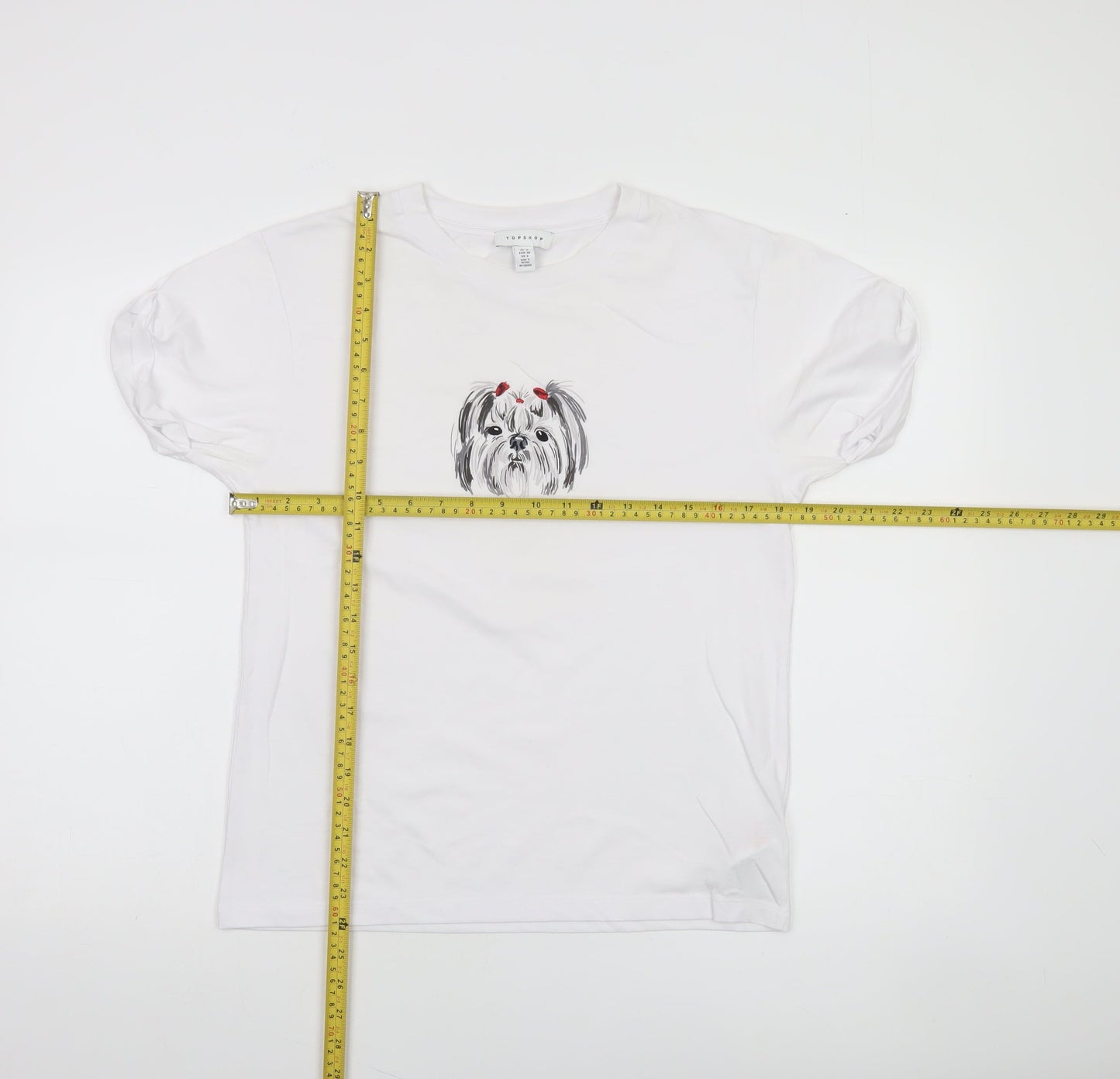Topshop Women White Dog Print Cotton Blend Short Sleeve T-Shirt Size 10