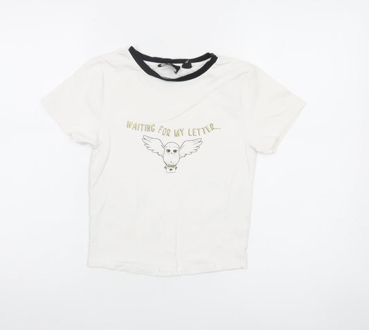 Harry Potter Girls White Black Ringer T-Shirt Age 12-13 Graphic Owl Top