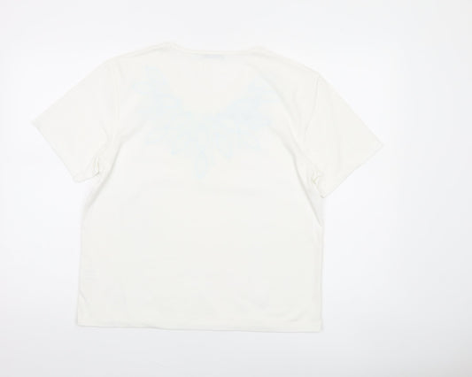 Poppy Womens White Floral V-Neck Short Sleeve T-Shirt Size 14