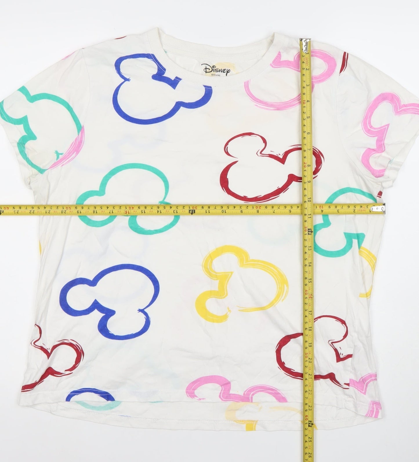 Disney Women White Multicoloured Mickey T-Shirt Size L 14/16 Cotton
