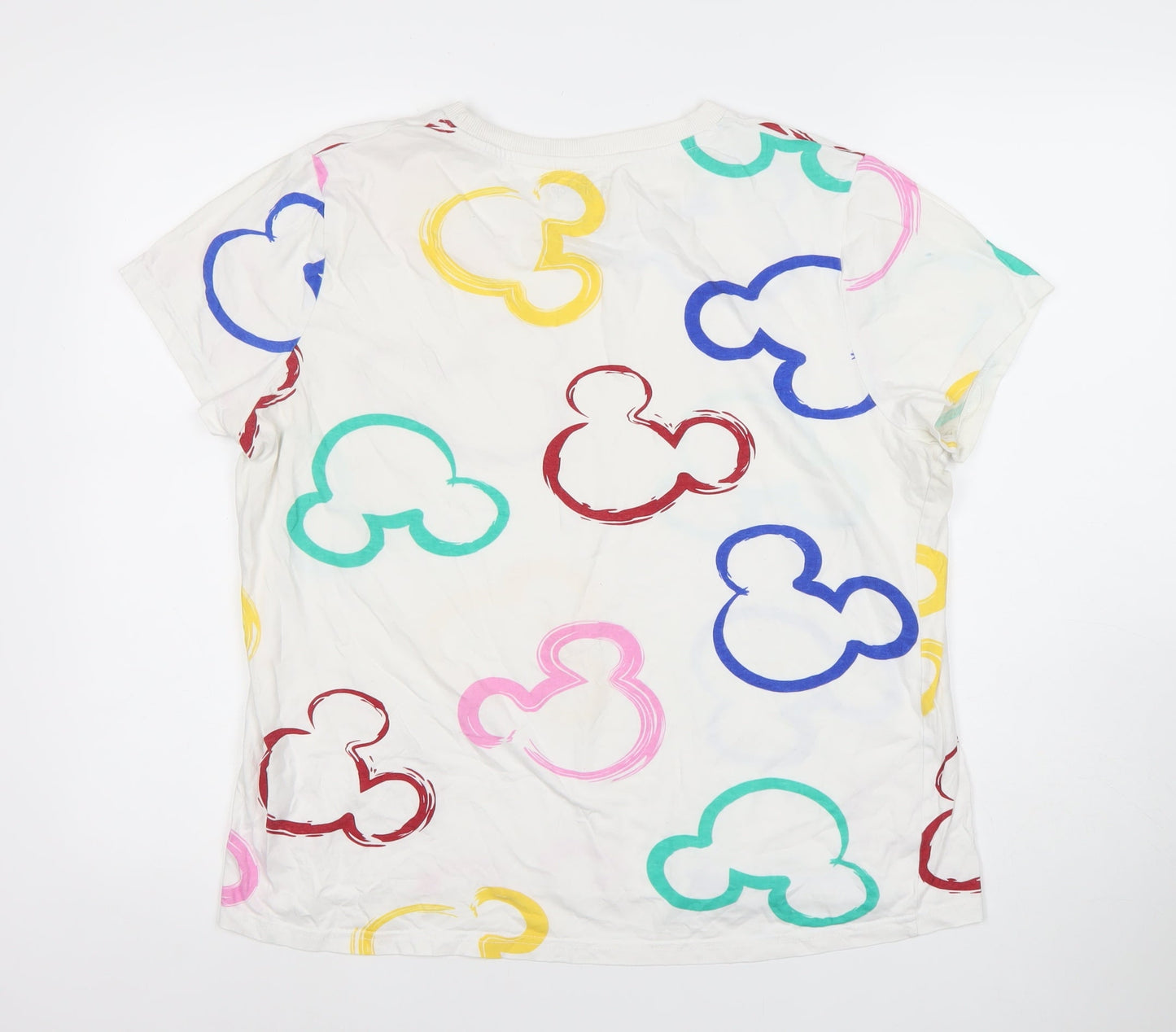Disney Women White Multicoloured Mickey T-Shirt Size L 14/16 Cotton