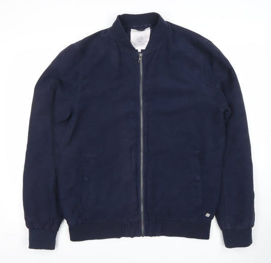 Solid Men Blue L Bomber Jacket Full Zip Polyester Lined Casual