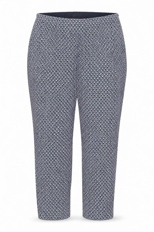 Front view of Dunnes Women’s Blue Geometric Stretch Jersey Trousers, size UK 12