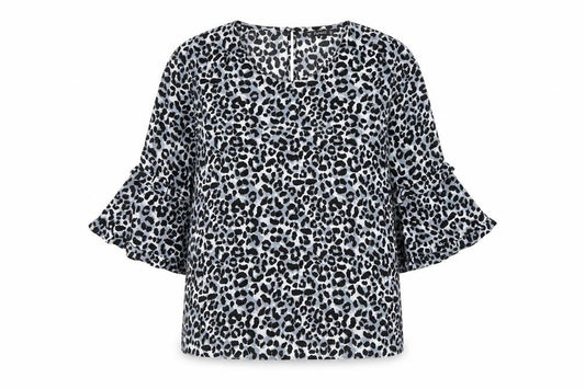 Front view of Dunnes Women’s Black Leopard Print Ruffle Sleeve Tunic Blouse, size M