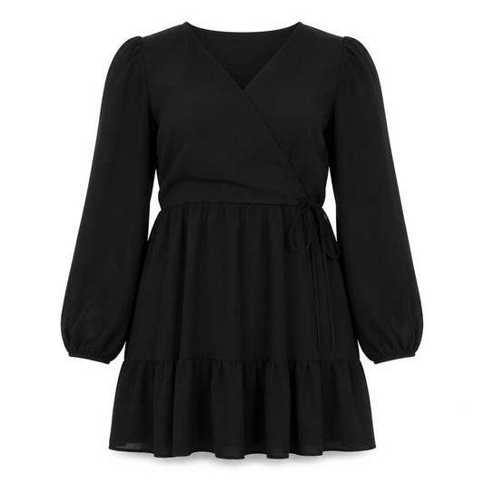 New Look Women’s Black Chiffon Wrap Dress Size 12 Long Sleeve Ruffle Hem