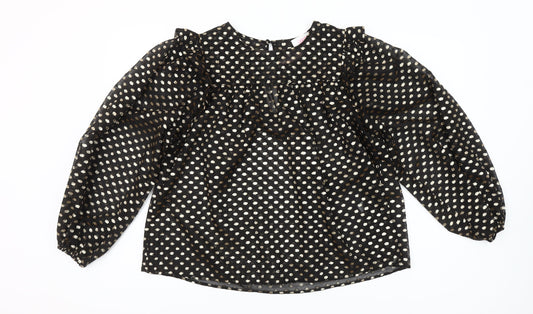 Savida Women’s Black Gold Polka Dot Long Sleeve Ruffle Blouse Size 10