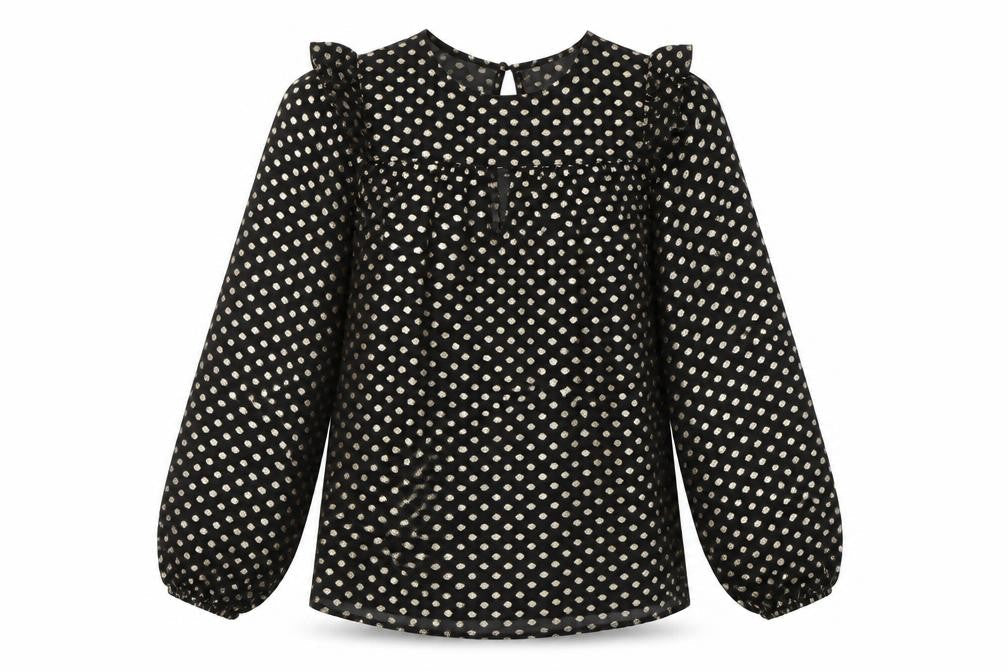 Savida Women’s Black Gold Polka Dot Long Sleeve Ruffle Blouse Size 10